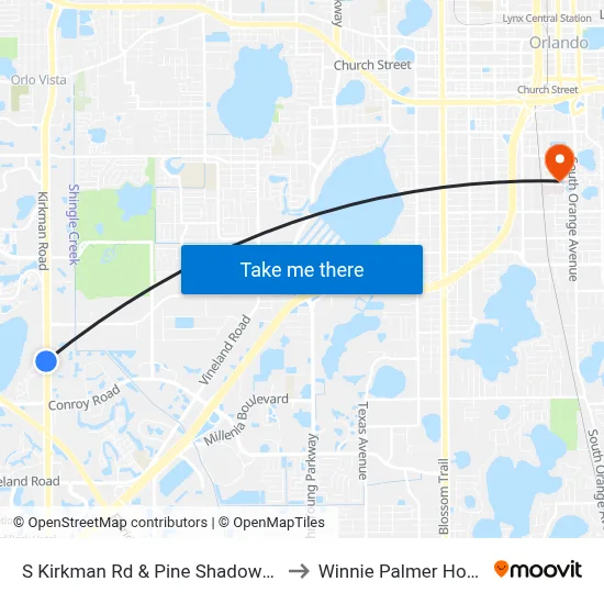 S Kirkman Rd & Pine Shadows Pkwy to Winnie Palmer Hospital map