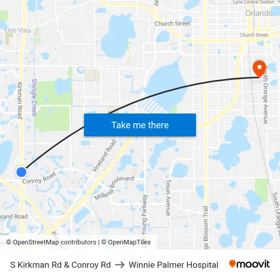 S Kirkman Rd & Conroy Rd to Winnie Palmer Hospital map