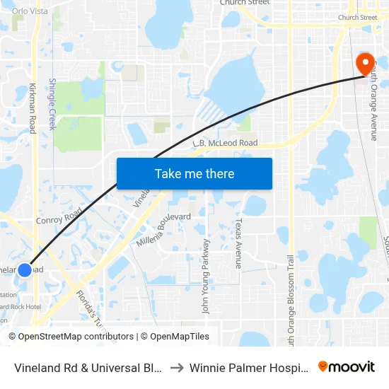 Vineland Rd & Universal Blvd to Winnie Palmer Hospital map