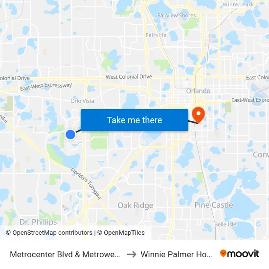 Metrocenter Blvd & Metrowest Blvd to Winnie Palmer Hospital map