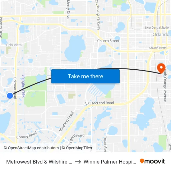 Metrowest Blvd & Wilshire Dr to Winnie Palmer Hospital map