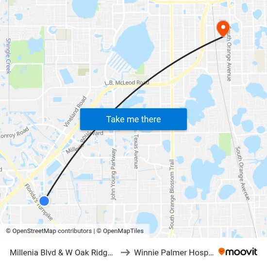 Millenia Blvd & W Oak Ridge Rd to Winnie Palmer Hospital map