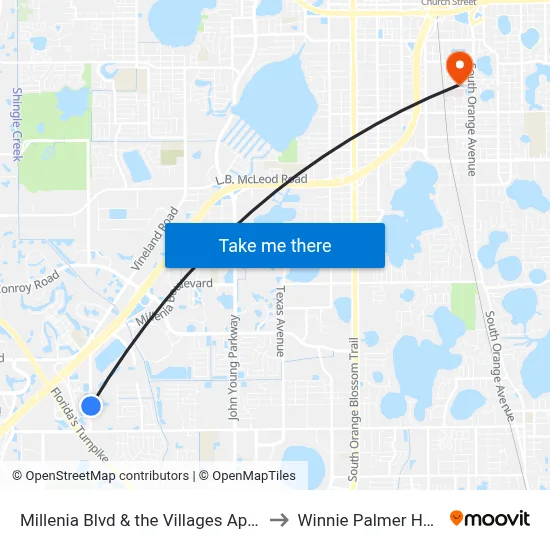 Millenia Blvd & the Villages Apartments to Winnie Palmer Hospital map