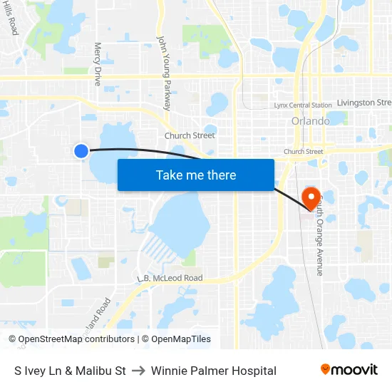 S Ivey Ln & Malibu St to Winnie Palmer Hospital map
