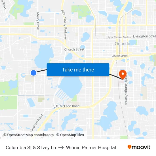 Columbia St & S Ivey Ln to Winnie Palmer Hospital map