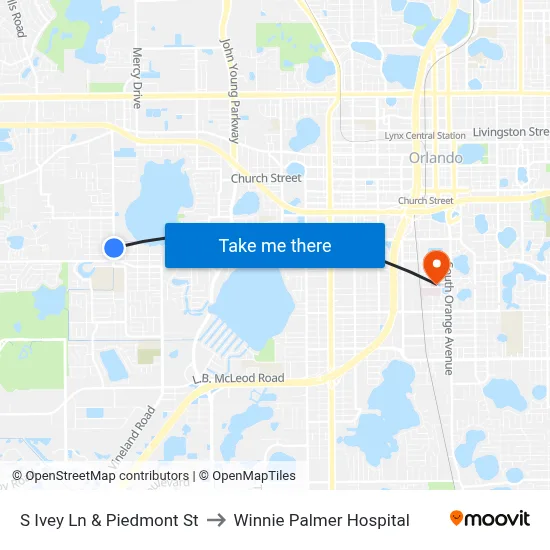 S Ivey Ln & Piedmont St to Winnie Palmer Hospital map