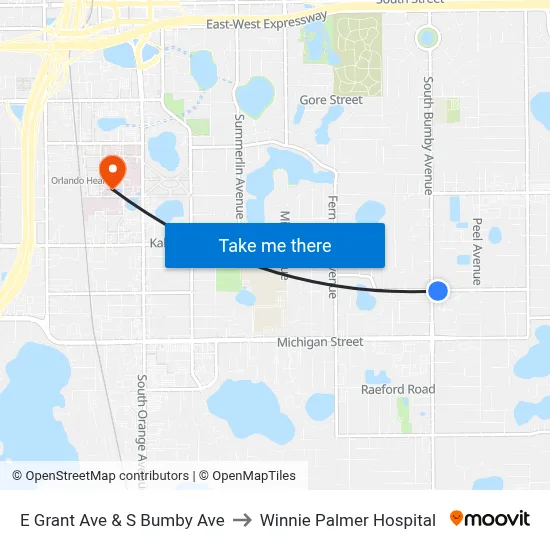 E Grant Ave & S Bumby Ave to Winnie Palmer Hospital map