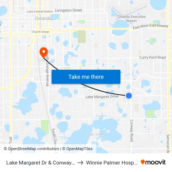 Lake Margaret Dr & Conway Rd to Winnie Palmer Hospital map