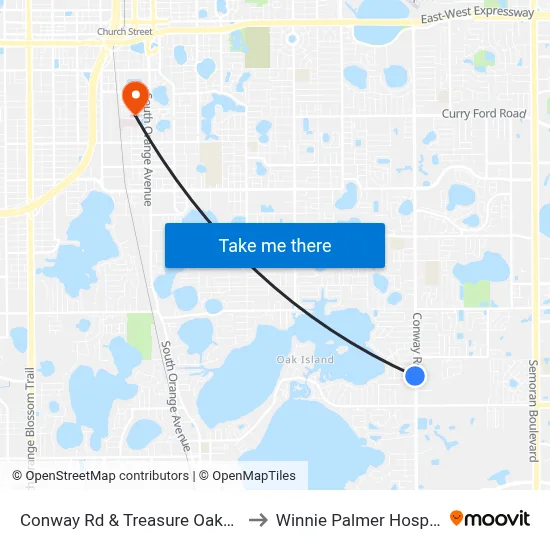 Conway Rd & Treasure Oaks Ln to Winnie Palmer Hospital map