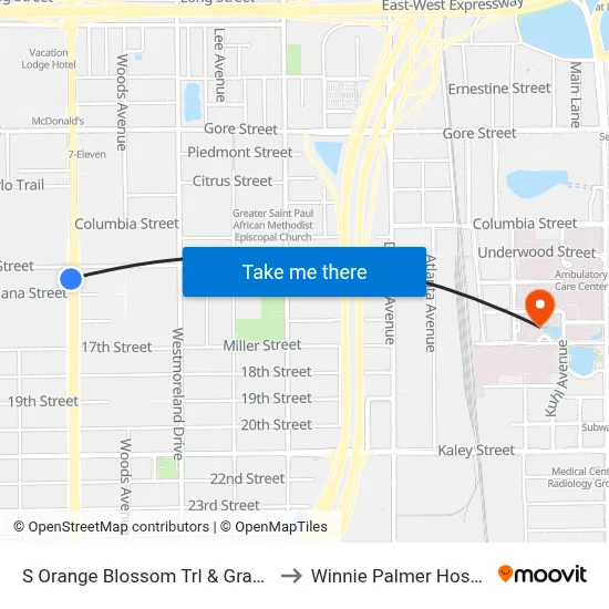 S Orange Blossom Trl & Grand St to Winnie Palmer Hospital map
