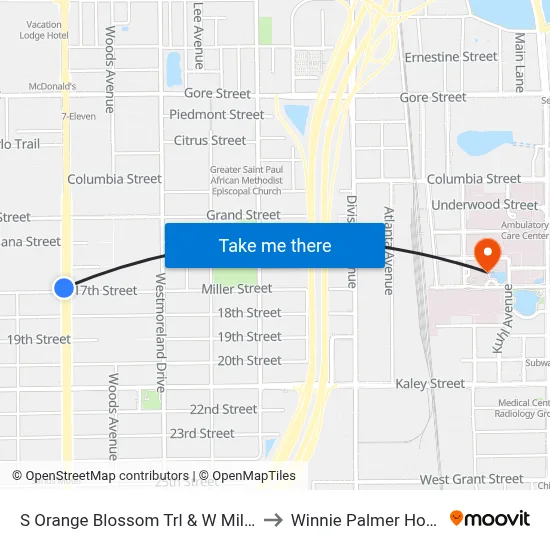 S Orange Blossom Trl & W Miller Ave to Winnie Palmer Hospital map