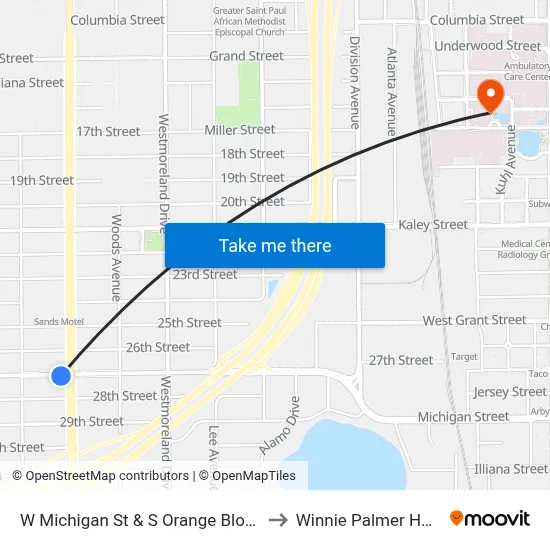 W Michigan St & S Orange Blossom Trl to Winnie Palmer Hospital map