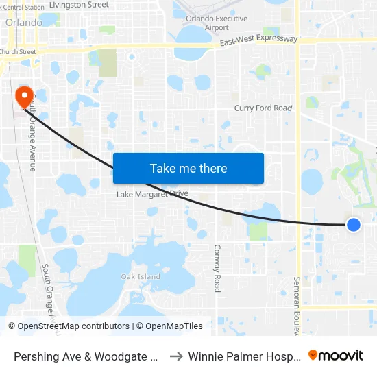 Pershing Ave & Woodgate Blvd to Winnie Palmer Hospital map