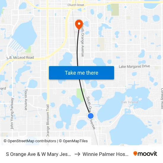S Orange Ave & W Mary Jess Rd to Winnie Palmer Hospital map