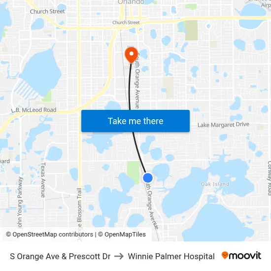 S Orange Ave & Prescott Dr to Winnie Palmer Hospital map