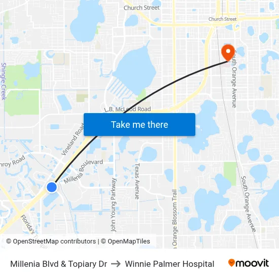 Millenia Blvd & Topiary Dr to Winnie Palmer Hospital map