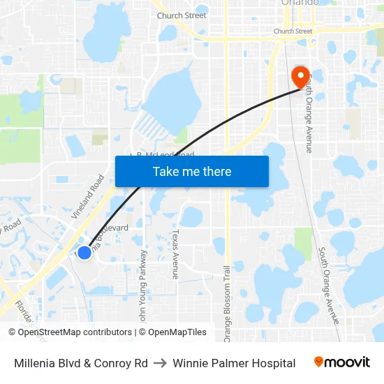 Millenia Blvd & Conroy Rd to Winnie Palmer Hospital map