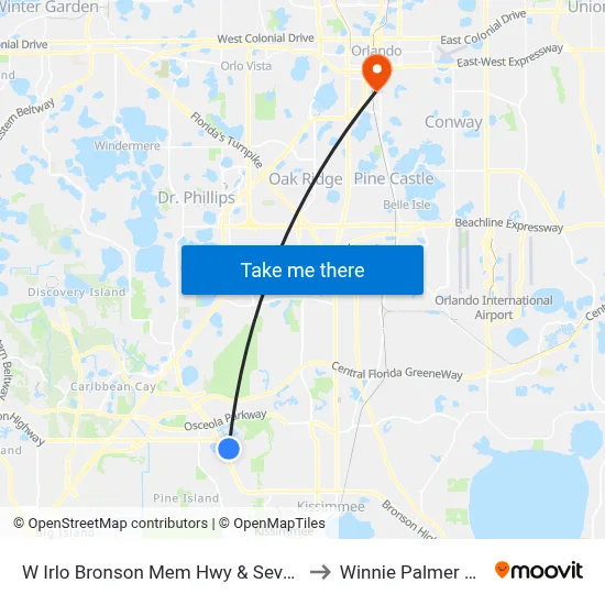 W Irlo Bronson Mem Hwy & Seven Dwarfs Ln to Winnie Palmer Hospital map