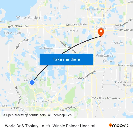 World Dr & Topiary Ln to Winnie Palmer Hospital map