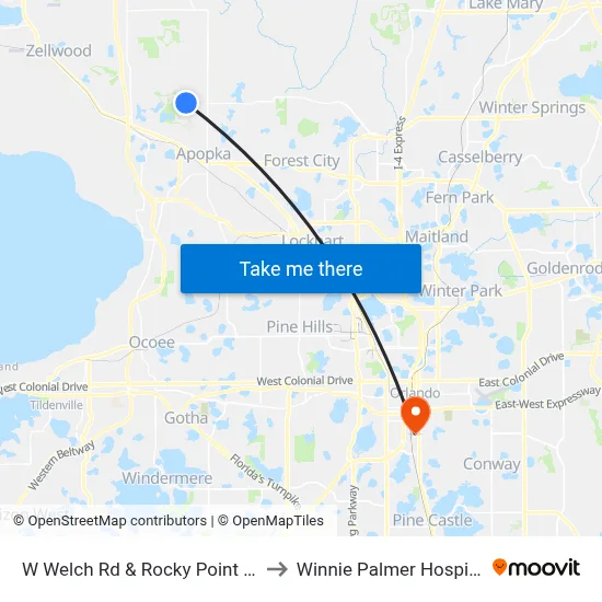 W Welch Rd & Rocky Point Rd to Winnie Palmer Hospital map
