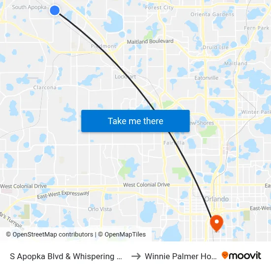 S Apopka Blvd & Whispering Winds Ct to Winnie Palmer Hospital map