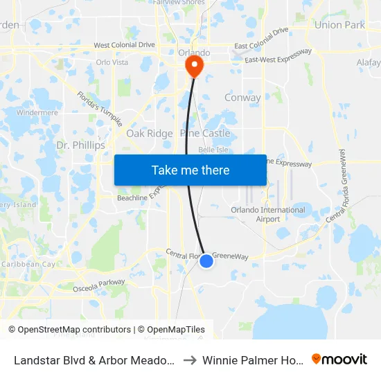 Landstar Blvd & Arbor Meadows Blvd to Winnie Palmer Hospital map