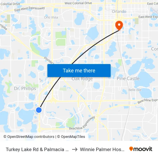 Turkey Lake Rd & Palmacia Blvd to Winnie Palmer Hospital map