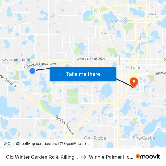 Old Winter Garden Rd & Killington Way to Winnie Palmer Hospital map