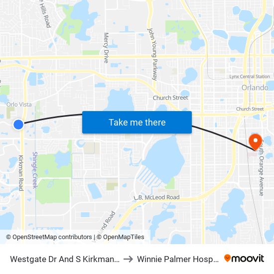 Westgate Dr And S Kirkman Rd to Winnie Palmer Hospital map