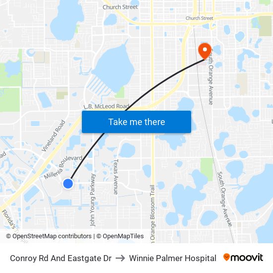 Conroy Rd And Eastgate Dr to Winnie Palmer Hospital map