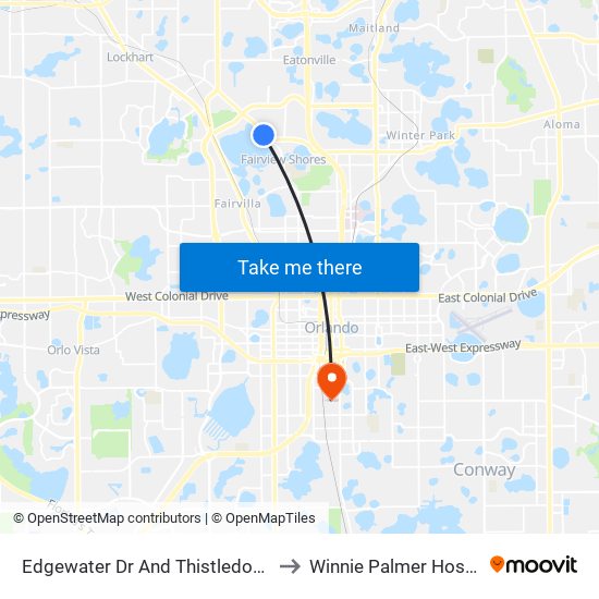 Edgewater Dr And Thistledown Dr to Winnie Palmer Hospital map