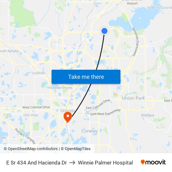 E Sr 434 And Hacienda Dr to Winnie Palmer Hospital map