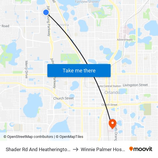 Shader Rd And Heatherington Rd to Winnie Palmer Hospital map