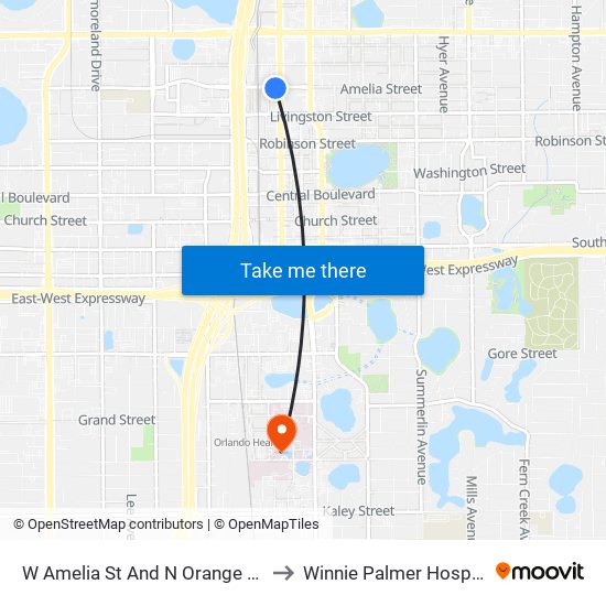 W Amelia St And N Orange Ave to Winnie Palmer Hospital map