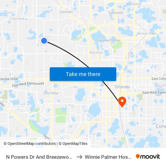 N Powers Dr And Breezewood St to Winnie Palmer Hospital map
