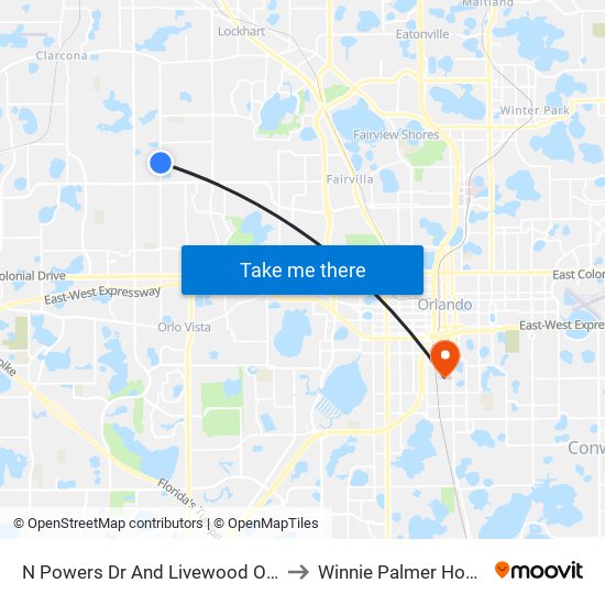 N Powers Dr And Livewood Oaks Dr to Winnie Palmer Hospital map