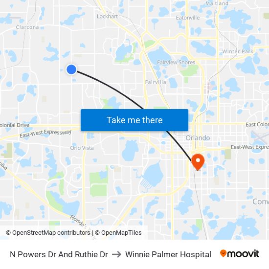 N Powers Dr And Ruthie Dr to Winnie Palmer Hospital map