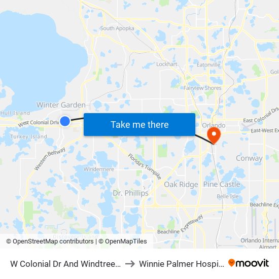 W Colonial Dr And Windtree Ln to Winnie Palmer Hospital map
