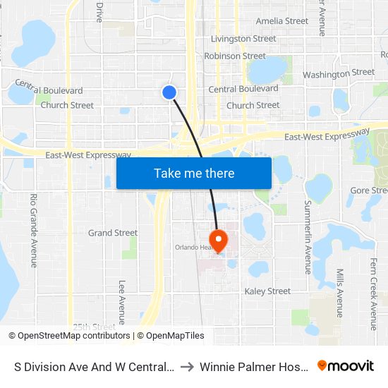 S Division Ave And W Central Blvd to Winnie Palmer Hospital map