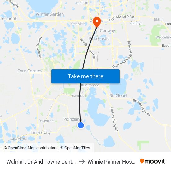 Walmart Dr And Towne Center Dr to Winnie Palmer Hospital map