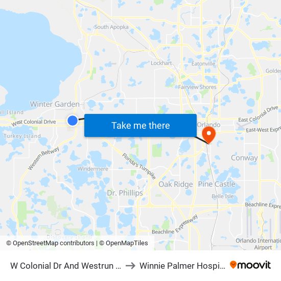 W Colonial Dr And Westrun Rd to Winnie Palmer Hospital map