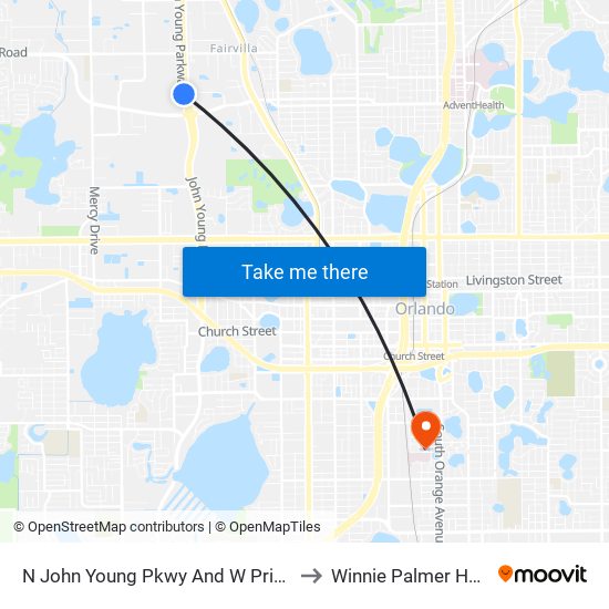 N John Young Pkwy And W Princeton St to Winnie Palmer Hospital map