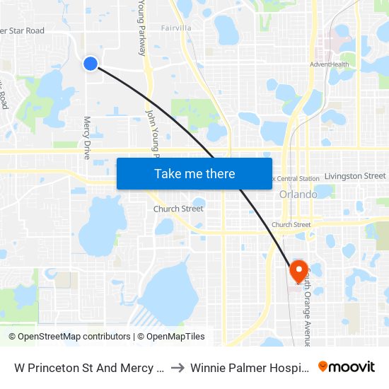 W Princeton St And Mercy Dr to Winnie Palmer Hospital map