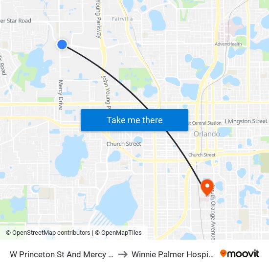 W Princeton St And Mercy Dr to Winnie Palmer Hospital map