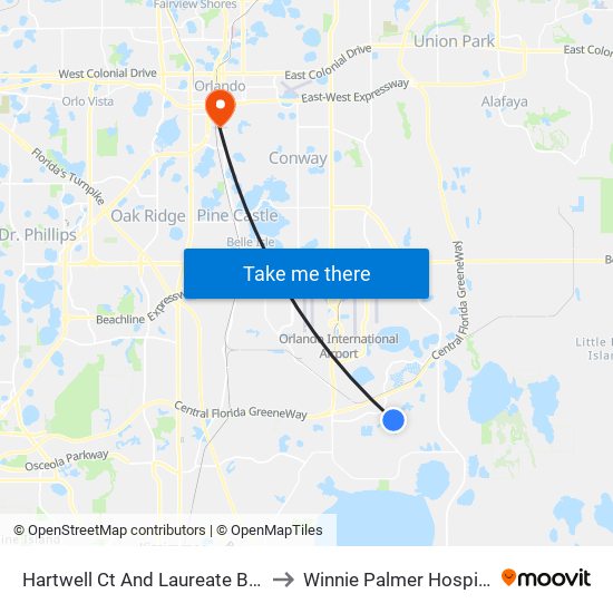 Hartwell Ct And Laureate Blvd to Winnie Palmer Hospital map