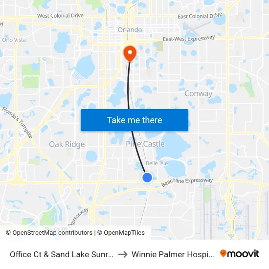 Office Ct & Sand Lake Sunrail to Winnie Palmer Hospital map