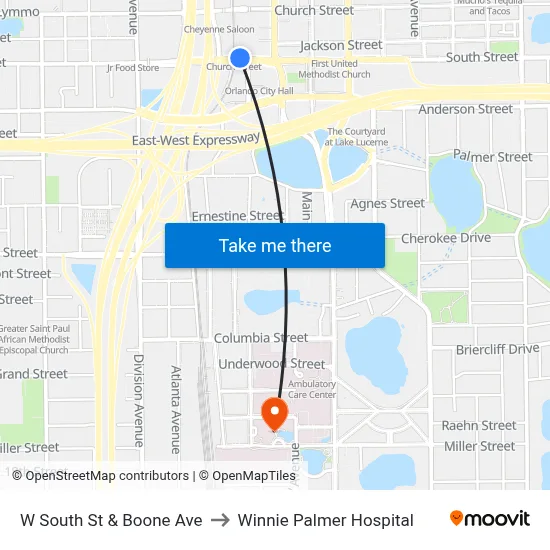 W South St & Boone Ave to Winnie Palmer Hospital map