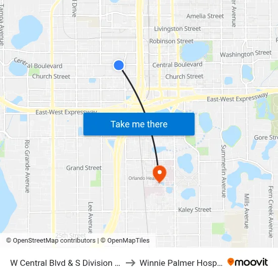 W Central Blvd & S Division Ave to Winnie Palmer Hospital map