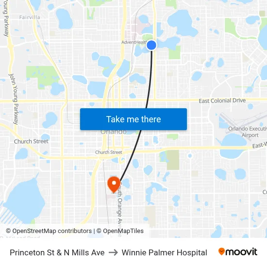 Princeton St & N Mills Ave to Winnie Palmer Hospital map