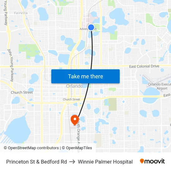 Princeton St & Bedford Rd to Winnie Palmer Hospital map